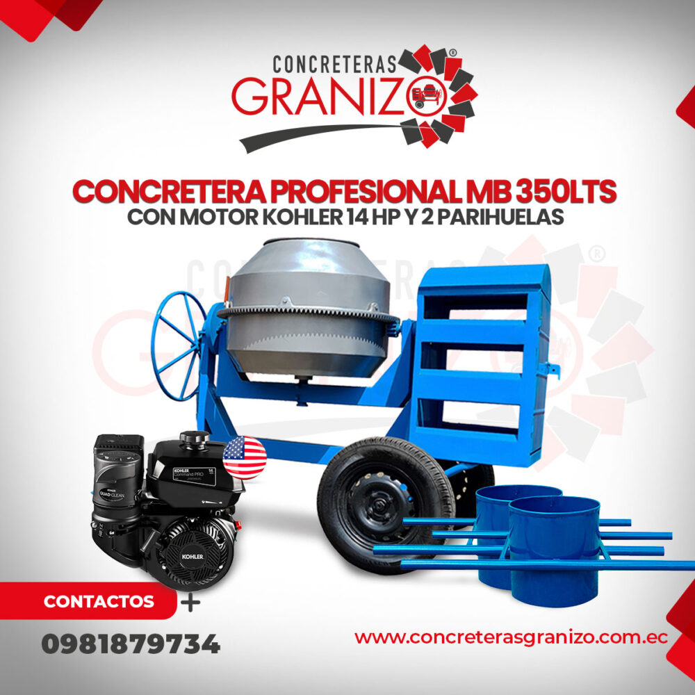 CONCRETERA PROFESIONAL MB 350LTS - KOHLER 14 HP - 2 PARIHUELAS